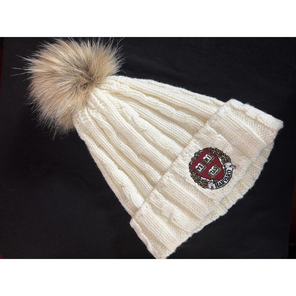 Logofit Harvard University Beanie Cream‎ Cable Knit Faux Fur Pom Pom Hat OSFM